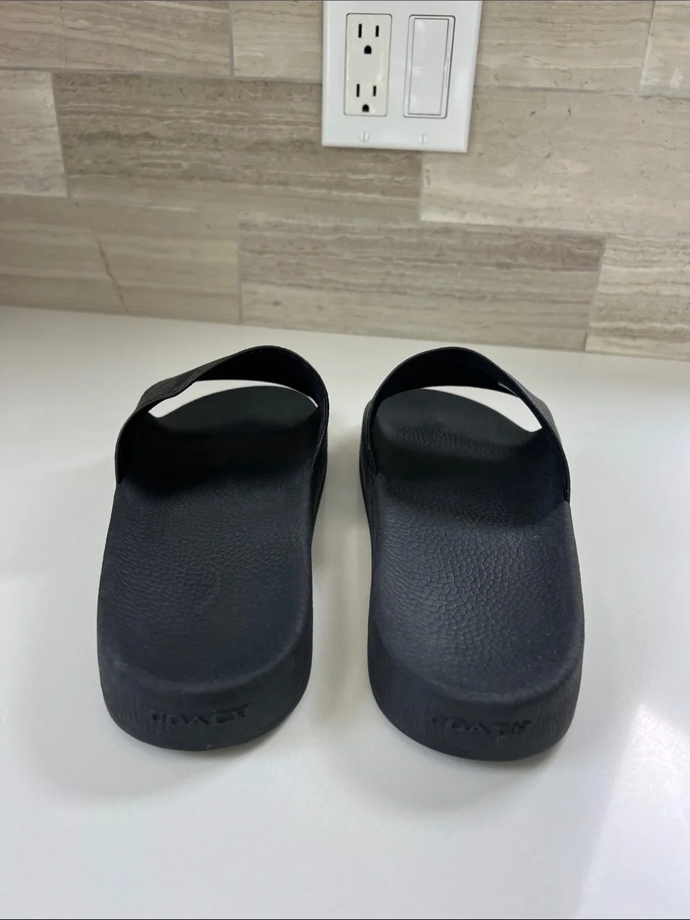 Coach signature charcoal grey black logo coated canvas open toe slides sandals